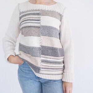 Liz Claiborne Patchwork Knit Sweater Neutral Gray Cream Minimalist Cottagecore L